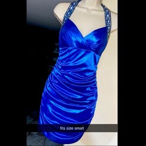 SILKY BLUE MINI COCKTAIL DRESS. SIZE SMALL